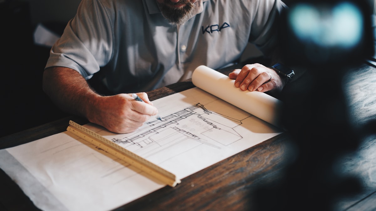 Hands drawing up plans with a pencil and ruler